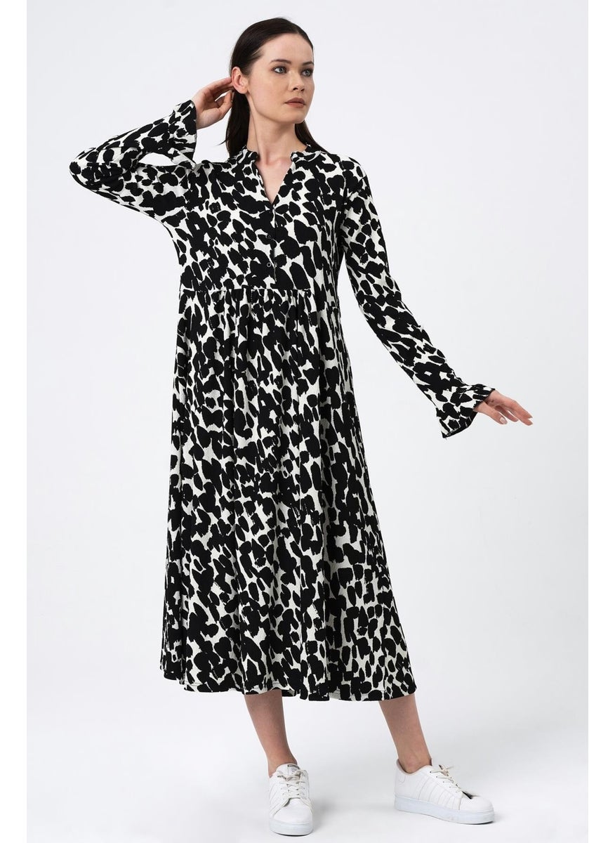 Ruffle Sleeve Patterned Long Dress (B22-41600)