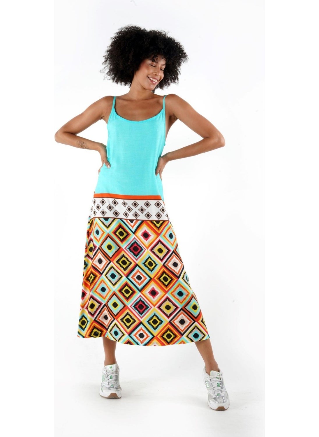 Patterned Thin Strap Midi Length Dress (B24-005206)