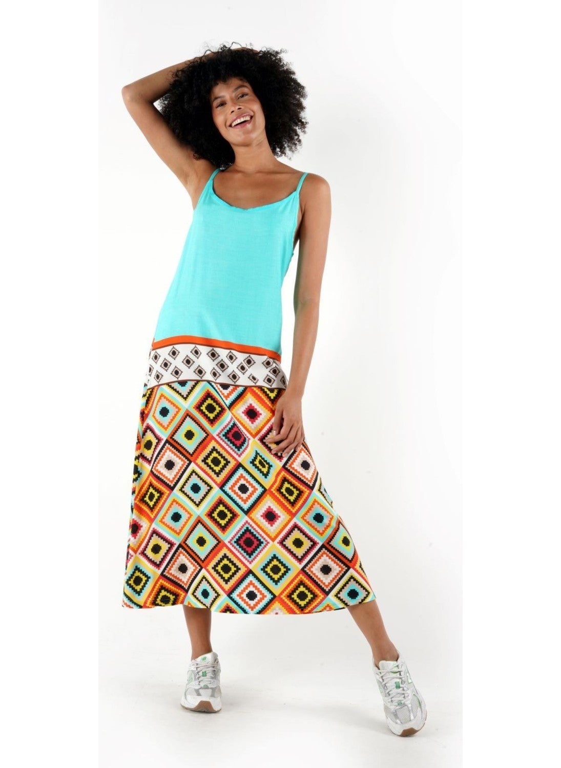 Patterned Thin Strap Midi Length Dress (B24-005206)