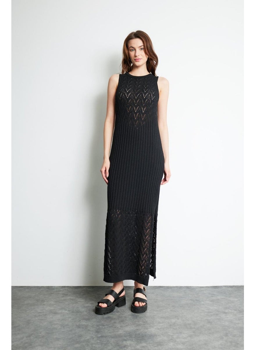 Straped Slit Openwork Long Knit Dress A92533-S