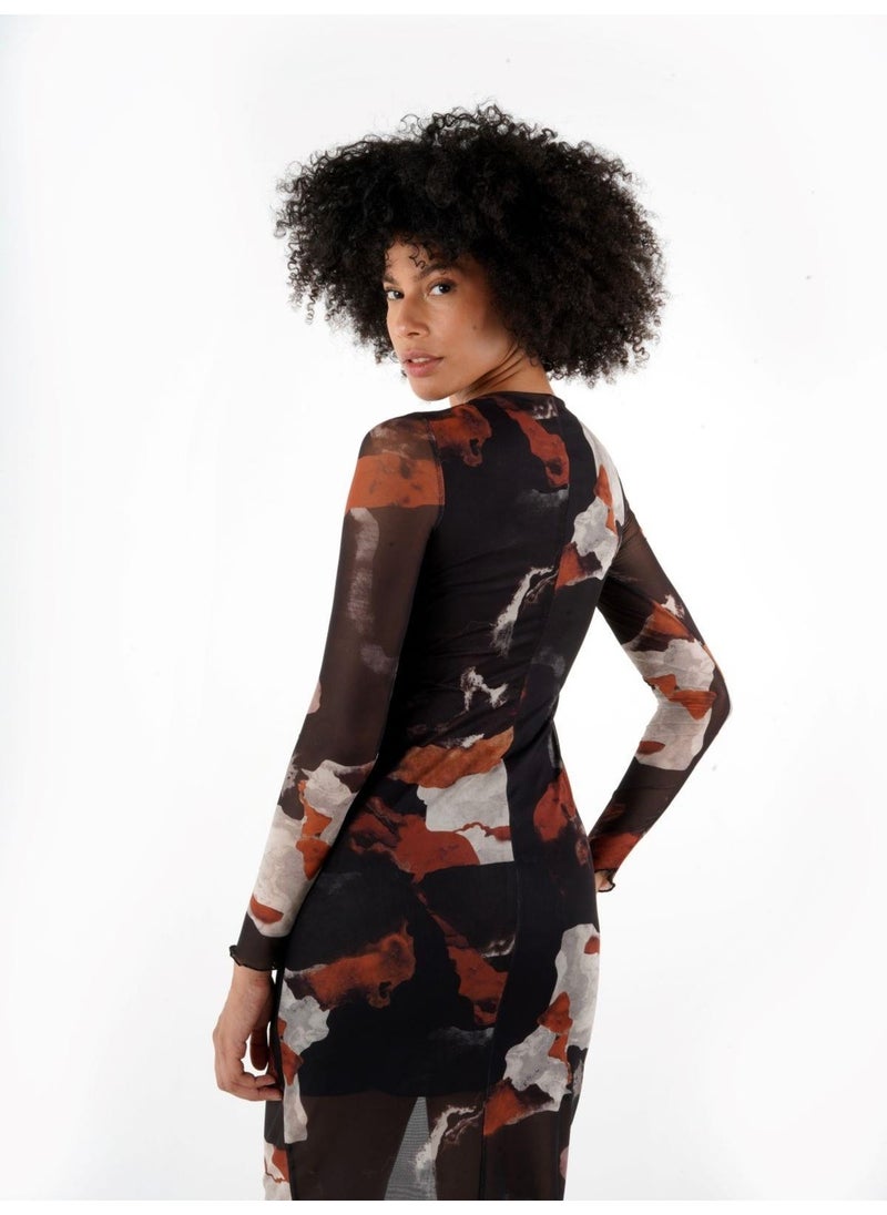 Patterned Lined Long Sleeve Tulle Dress A24-10180