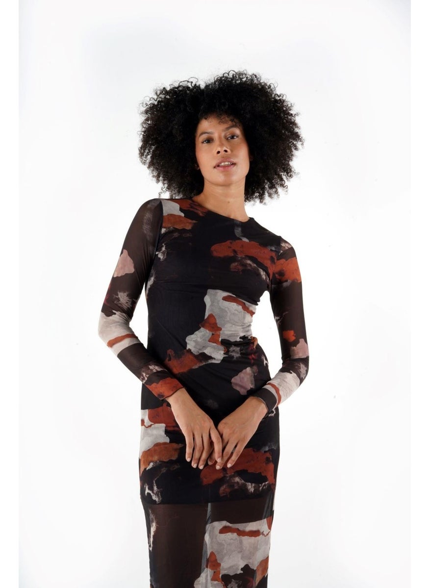 Patterned Lined Long Sleeve Tulle Dress A24-10180