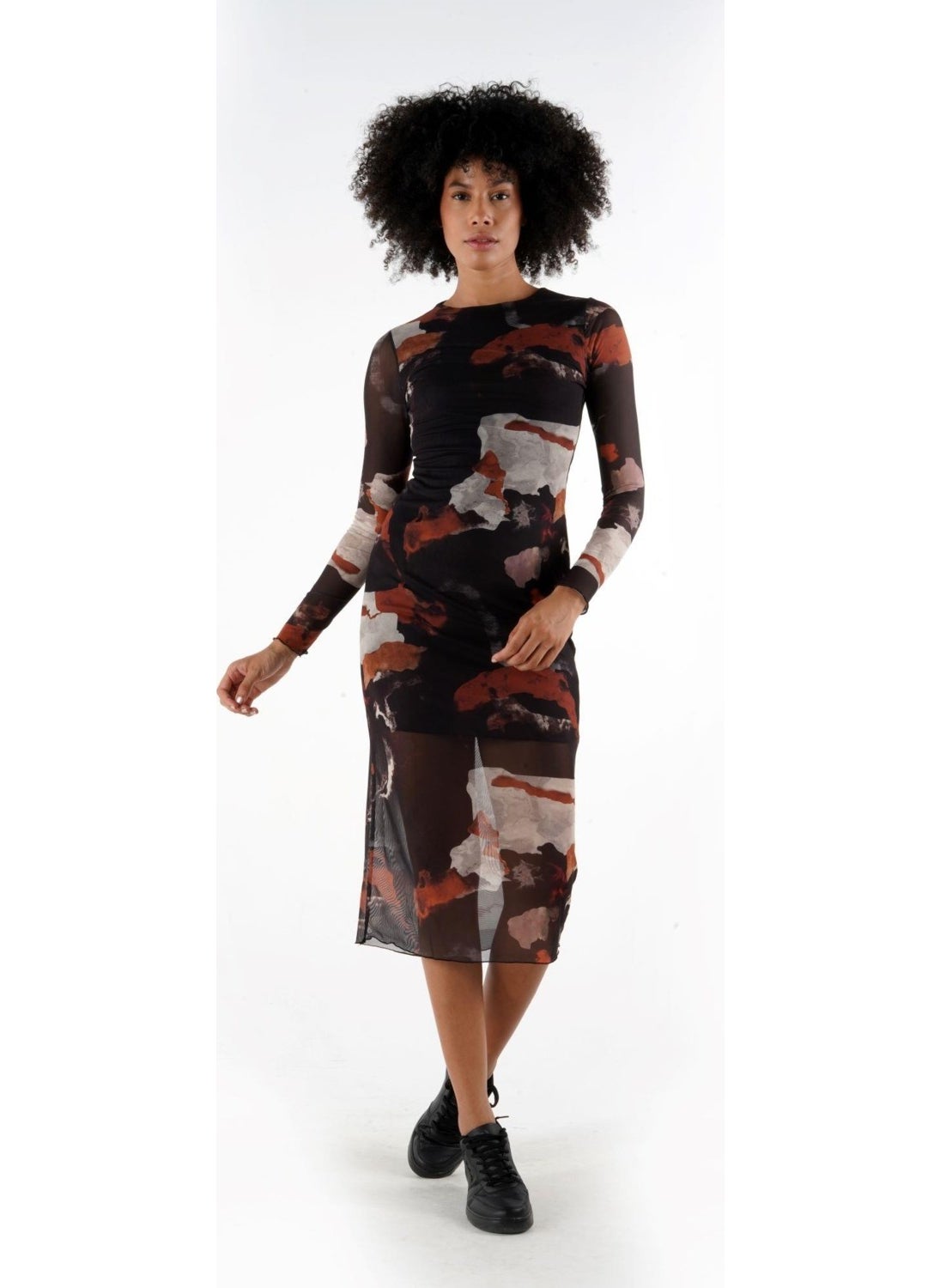 Patterned Lined Long Sleeve Tulle Dress A24-10180