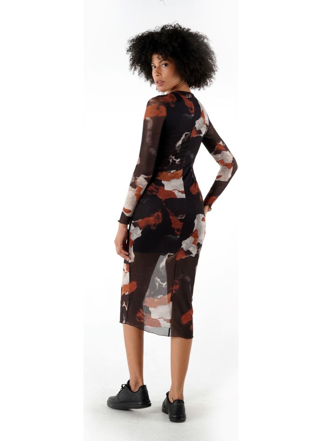 Patterned Lined Long Sleeve Tulle Dress A24-10180