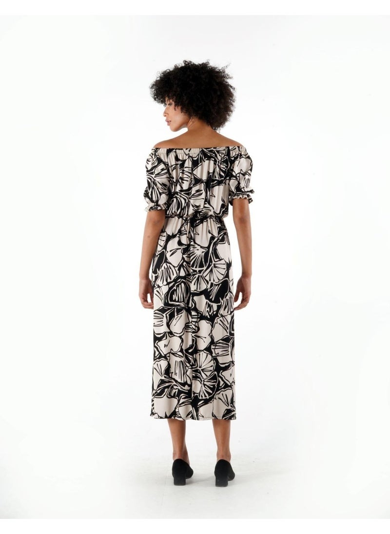 Elastic Madonna Collar Patterned Dress