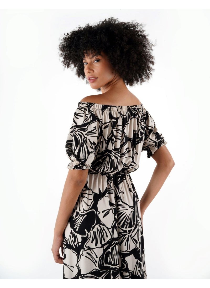 Elastic Madonna Collar Patterned Dress