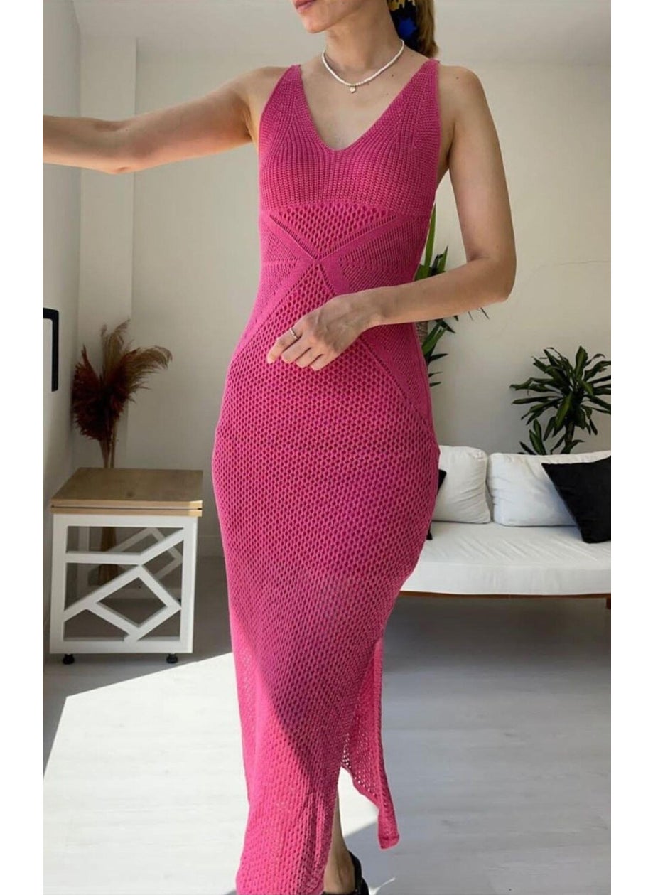 Strappy V Neck Openwork Slit Long Knit Dress A92533-S