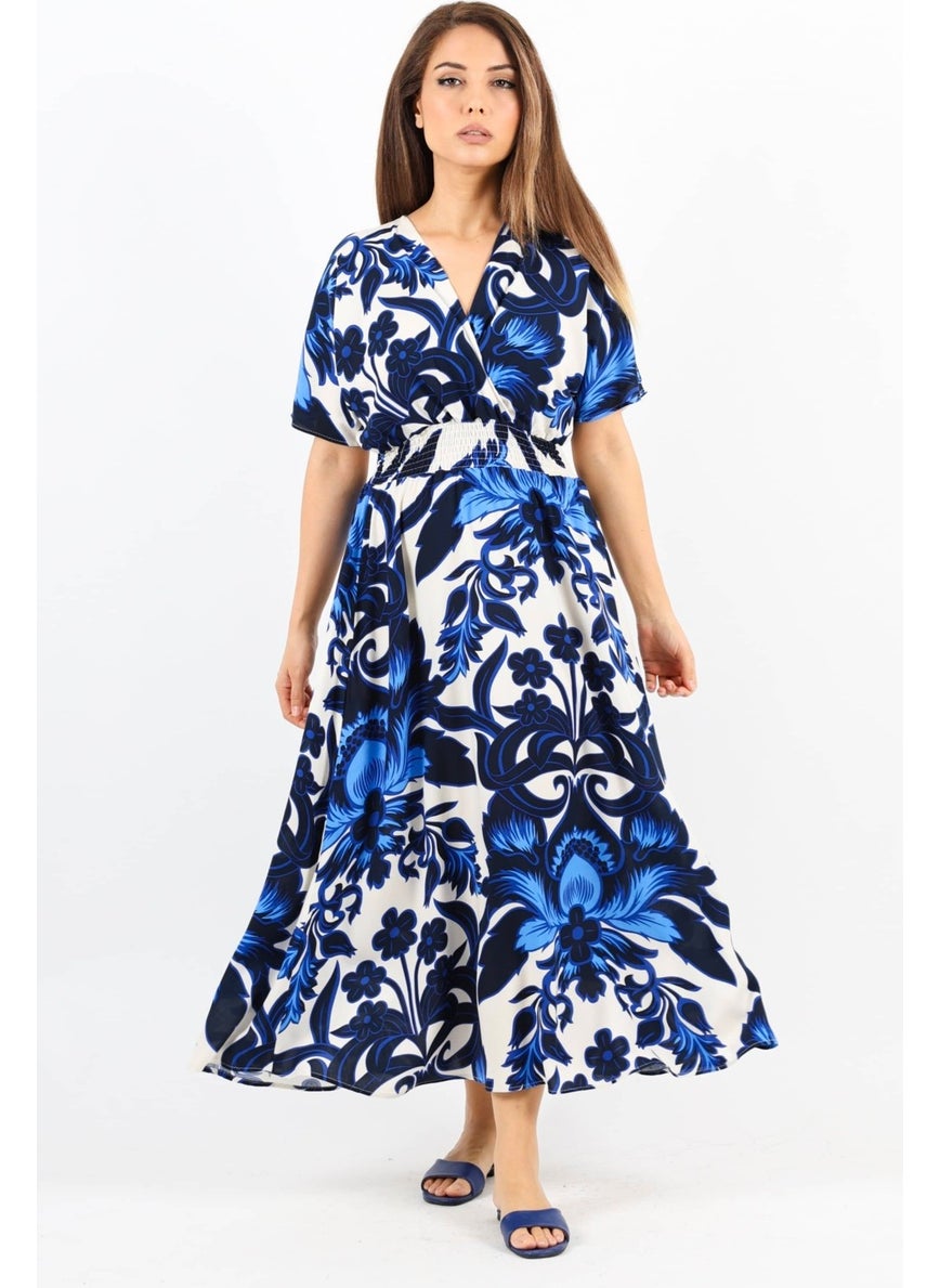 Women's Aren Waist Elastic Blue and White Viscose Dress