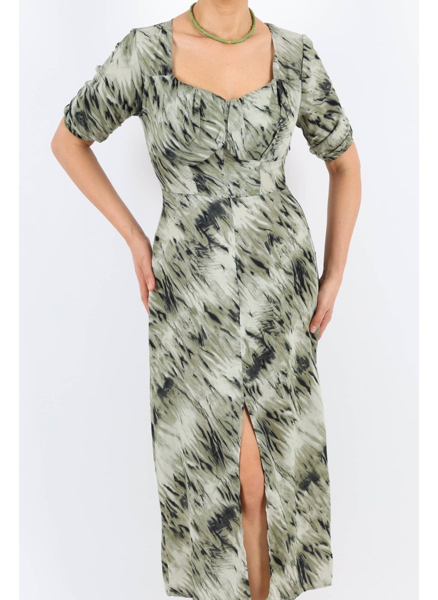 Women's Rena Khaki Back Elastic Slit Midi Dress