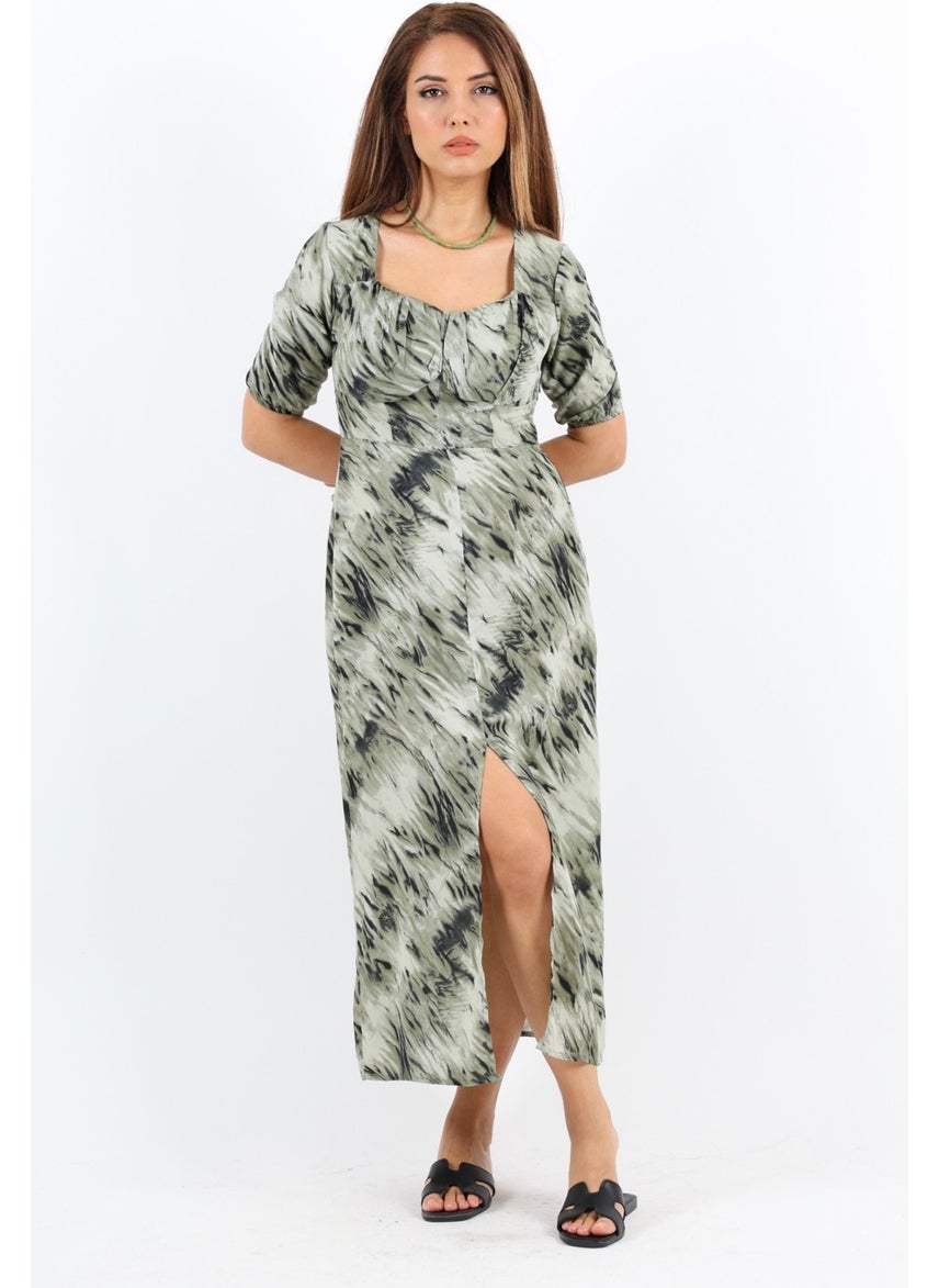 Women's Rena Khaki Back Elastic Slit Midi Dress