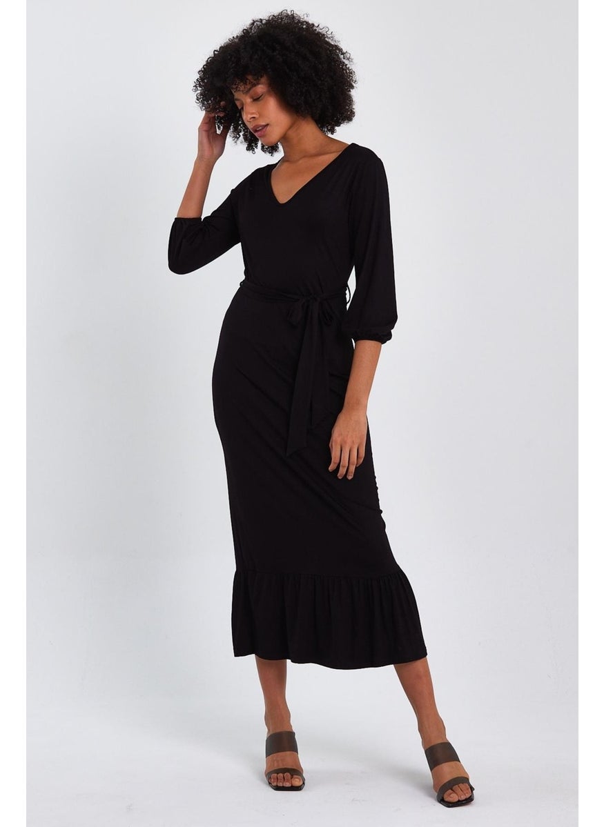 V Neck Ruffle Skirt Long Dress (B22-247A)