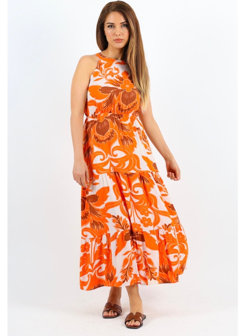 Women's Breeze Waist Elastic Orange Viscose Dress