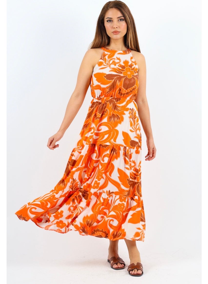 Women's Breeze Waist Elastic Orange Viscose Dress