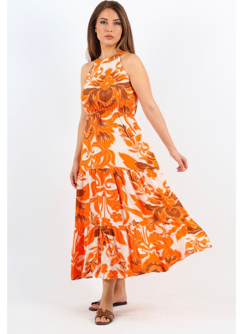 Women's Breeze Waist Elastic Orange Viscose Dress