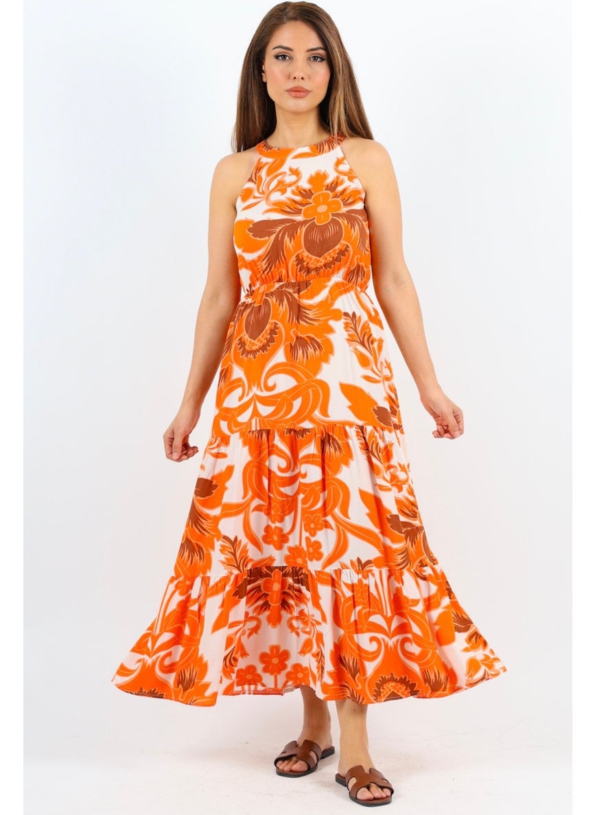 Women's Breeze Waist Elastic Orange Viscose Dress
