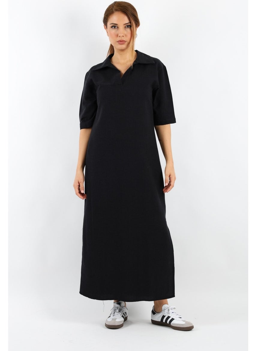 Women's Basic Black Polo Neck Slit Dress