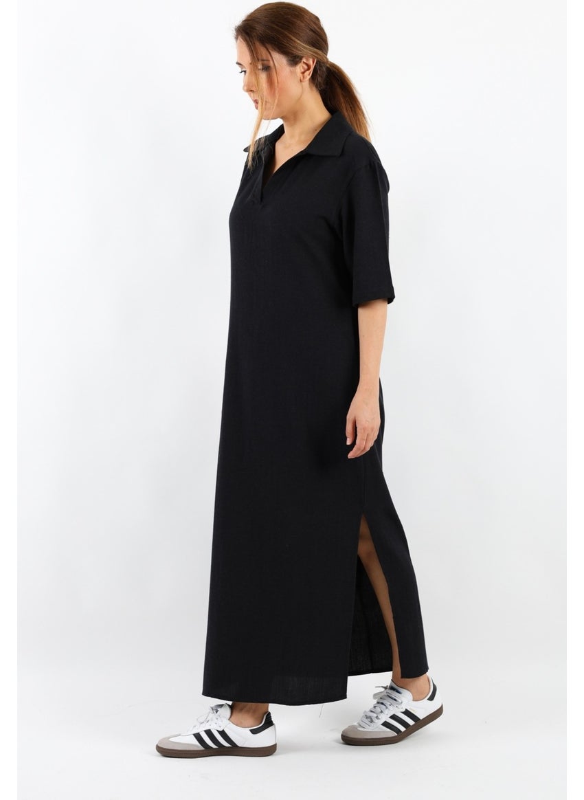 Women's Basic Black Polo Neck Slit Dress