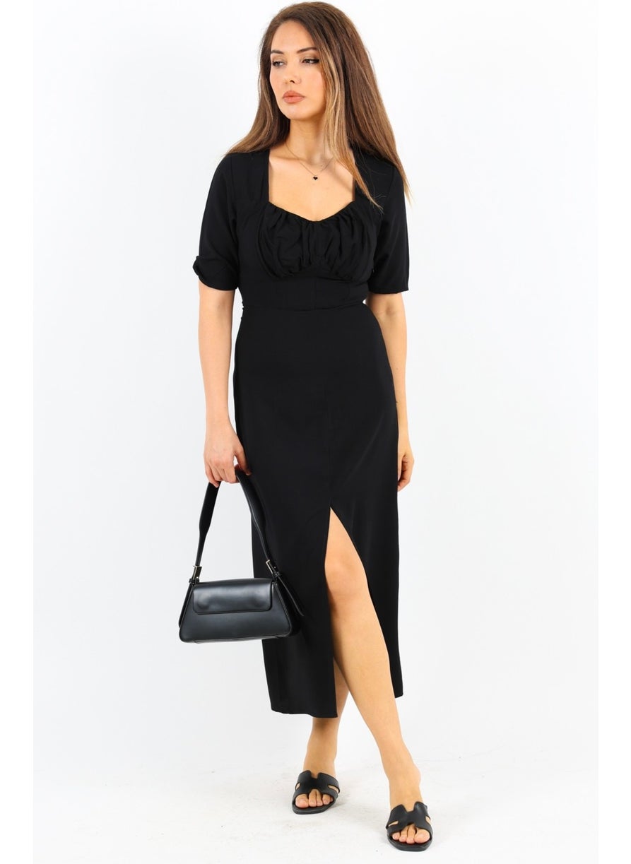 Women's Rena Black Elastic Back Slit Midi Dress