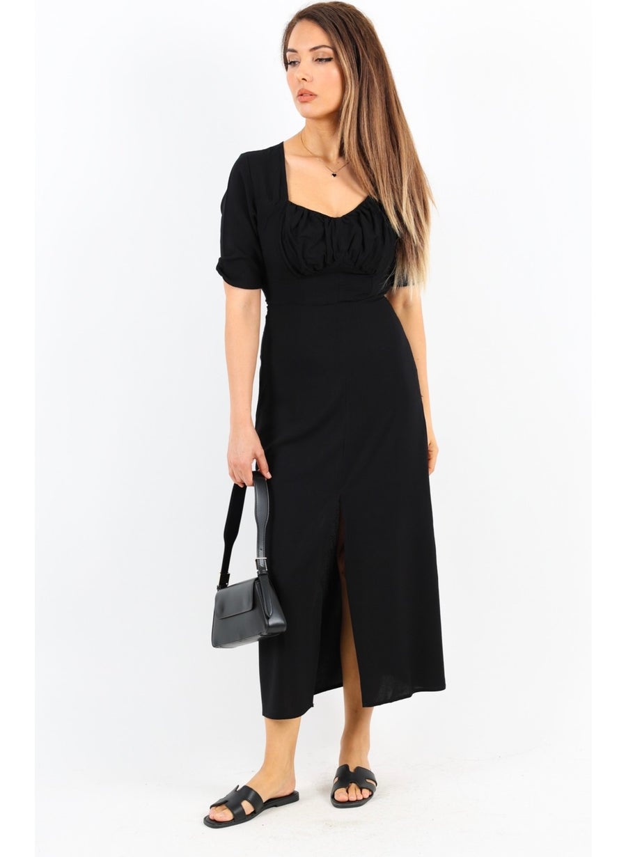 Women's Rena Black Elastic Back Slit Midi Dress