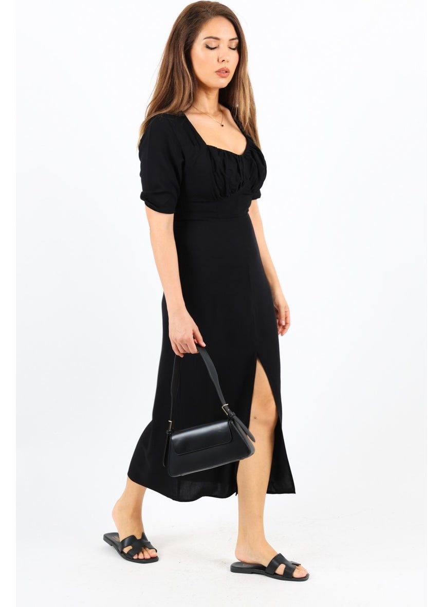 Women's Rena Black Elastic Back Slit Midi Dress