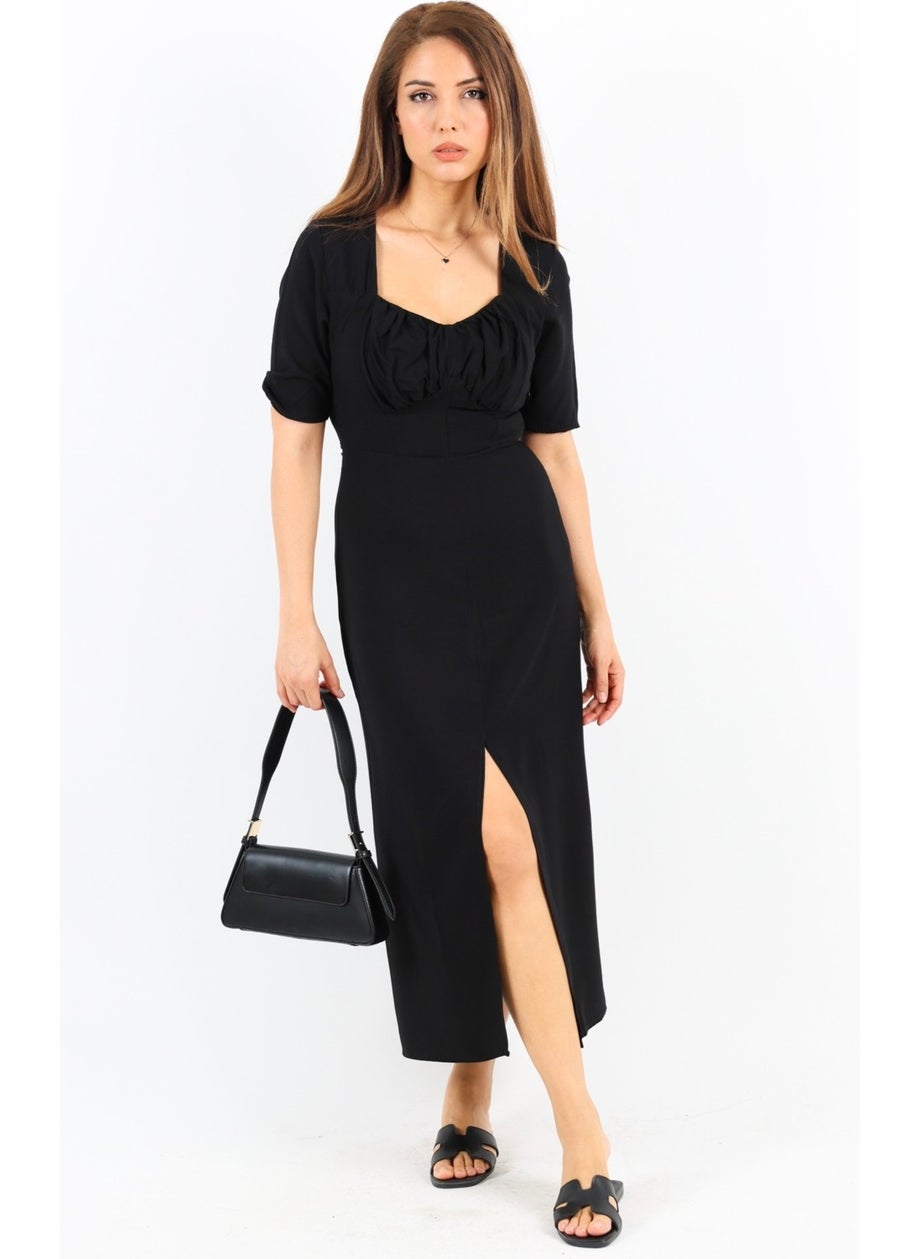 Women's Rena Black Elastic Back Slit Midi Dress