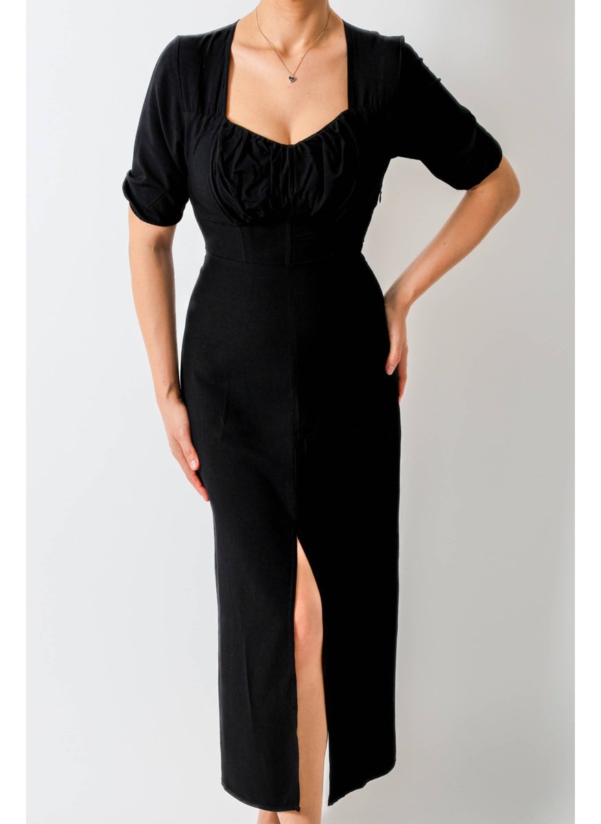 Women's Rena Black Elastic Back Slit Midi Dress