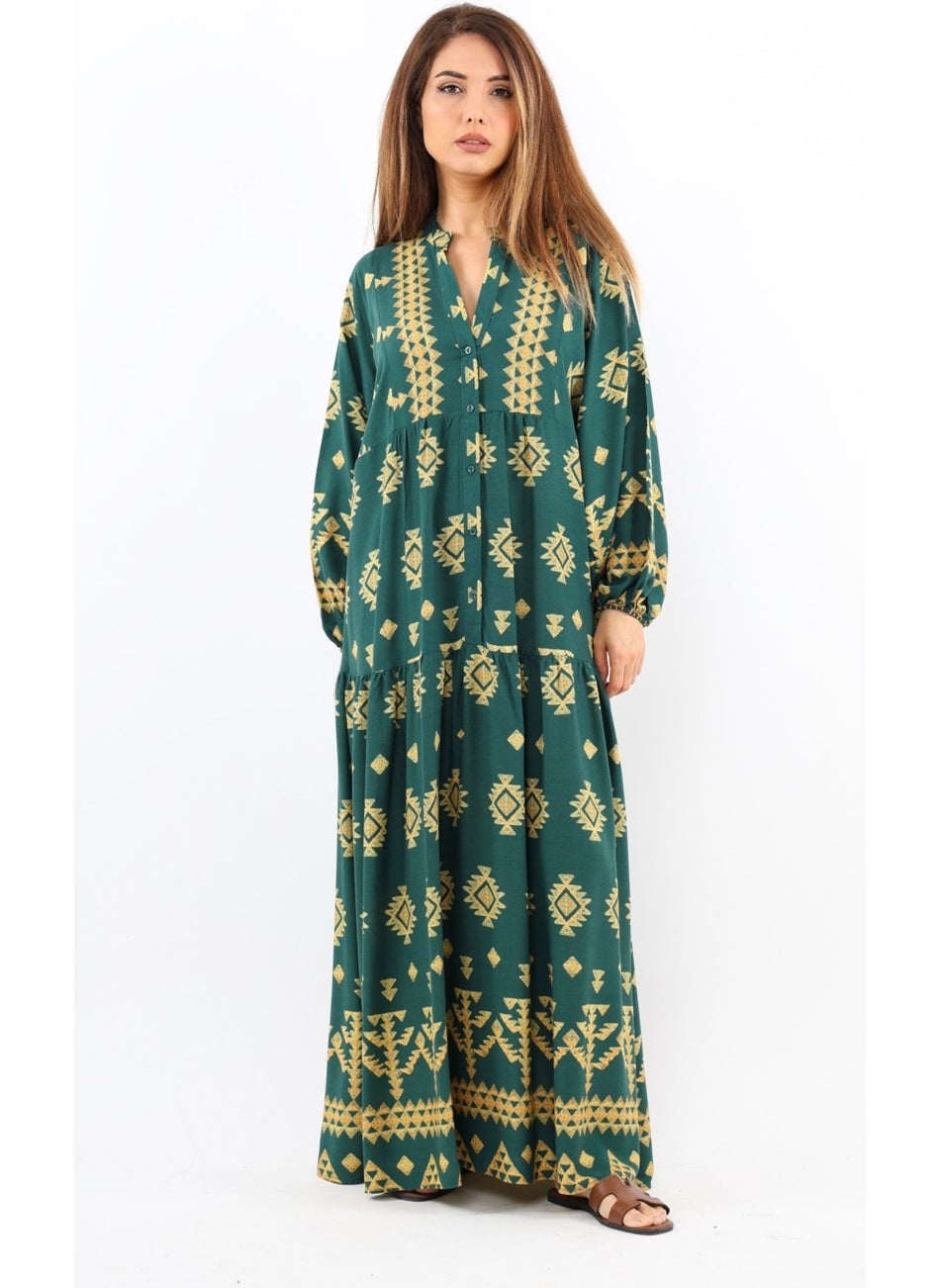 Prive Women's Ruby Viscose Maxi Length Green Balloon Sleeve Long Summer Dress
