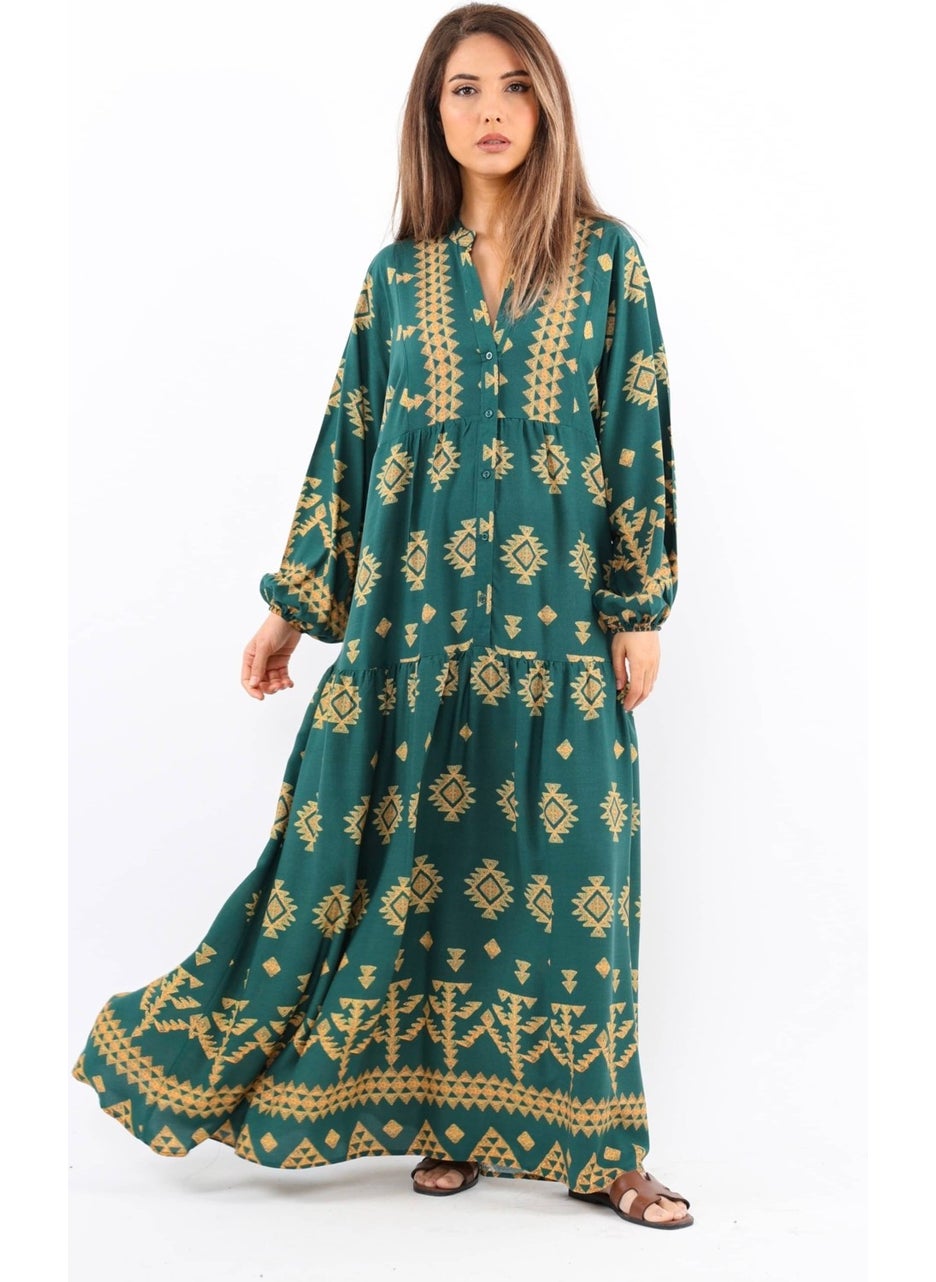 Prive Women's Ruby Viscose Maxi Length Green Balloon Sleeve Long Summer Dress
