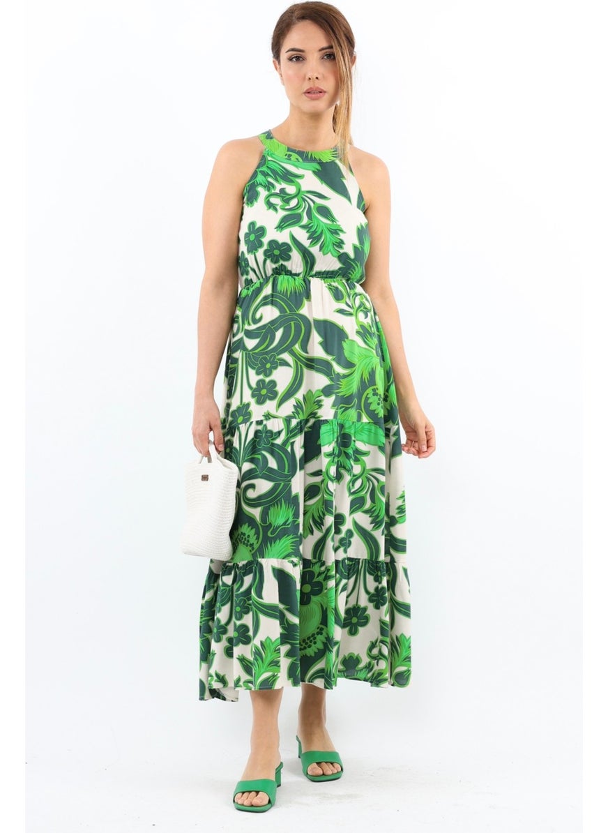 Women's Breeze Waist Elastic Green Viscose Dress