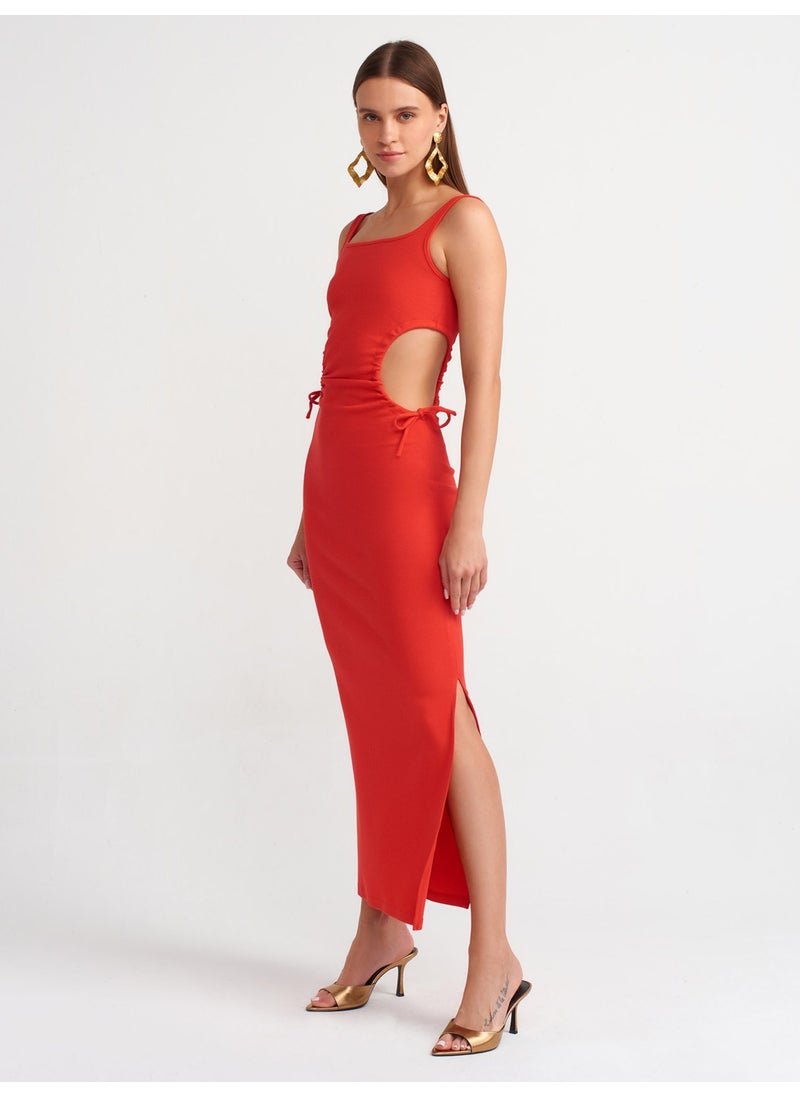 9094 Window Detailed Long Dress-Dark Red