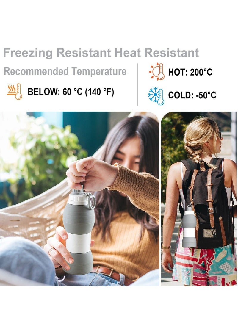 Collapsible Water Bottles BPA Free Silicone Travel Mug Reusable Water Bottle for Hot and Cold Drinks Portable Leak-Proof Sports Water Bottle with Hiking Buckle Gray 20 Oz 600 ml