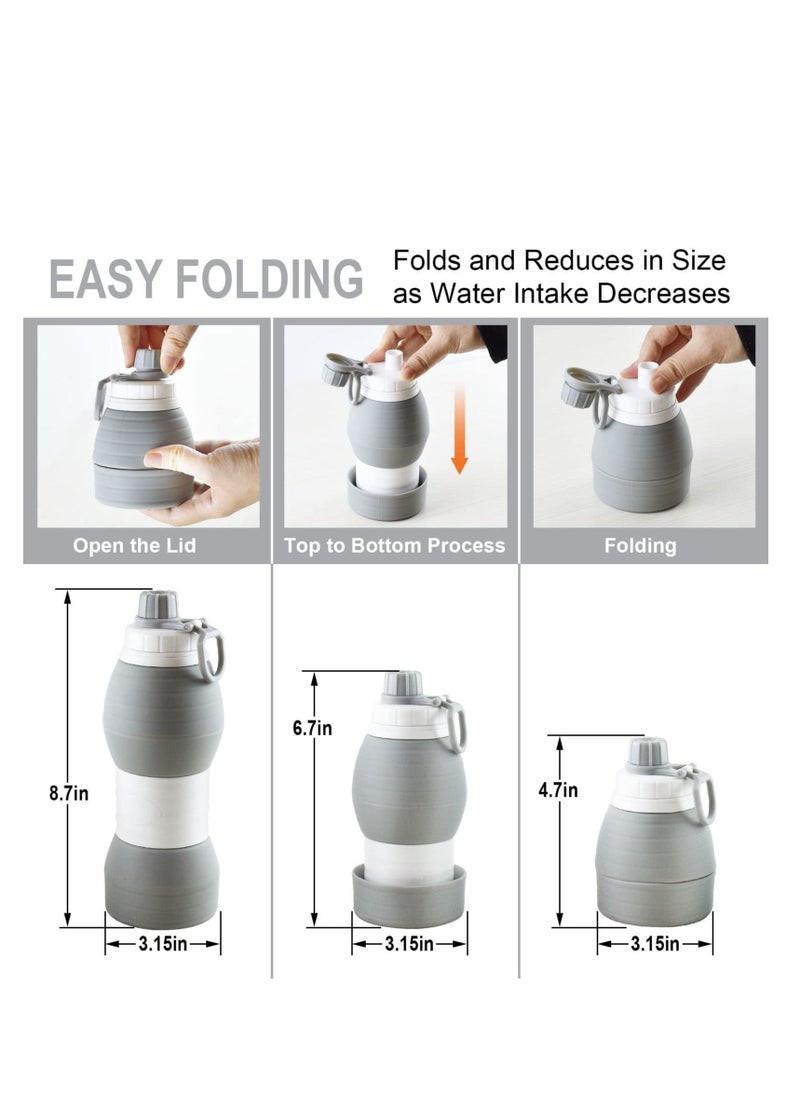 Collapsible Water Bottles BPA Free Silicone Travel Mug Reusable Water Bottle for Hot and Cold Drinks Portable Leak-Proof Sports Water Bottle with Hiking Buckle Gray 20 Oz 600 ml
