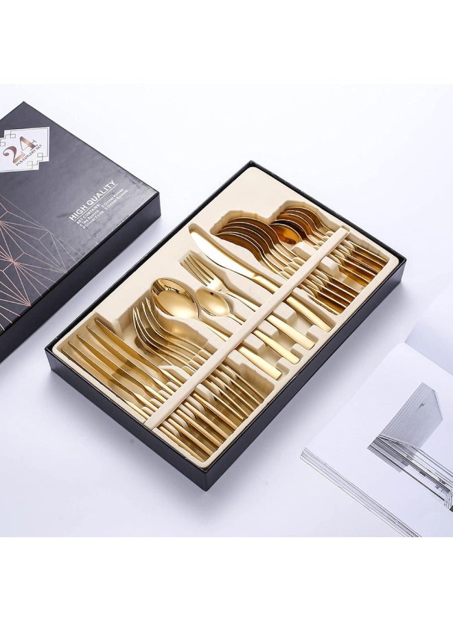 Stainless Steel Cutlery Set, 24-Piece Set of Golden Tableware Western-Style Kitchen Tableware
