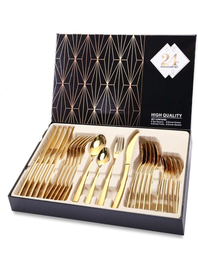 Stainless Steel Cutlery Set, 24-Piece Set of Golden Tableware Western-Style Kitchen Tableware