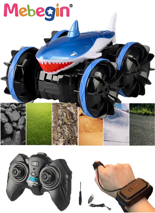 Amphibious Remote Control Car with Shark Shape, 2.4 GHz Double Side Radio Control Drift Race Car, Gesture Sensing RC Stunt Car, Suitable for Various Roads, Ideal Gift for Kids Aged 6+
