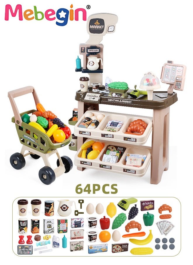 64Pcs Supermarket Playset with Trolley, Simulation Scanner Register, Shopping Cart and Other Rich Accessaries, Grocery Store Playset, Pretend Play Cash Register Toy Set with Music and Light, Creativ