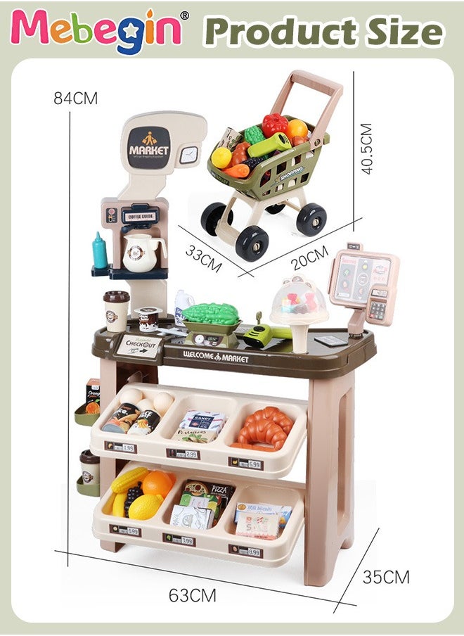 64Pcs Supermarket Playset with Trolley, Simulation Scanner Register, Shopping Cart and Other Rich Accessaries, Grocery Store Playset, Pretend Play Cash Register Toy Set with Music and Light, Creativ