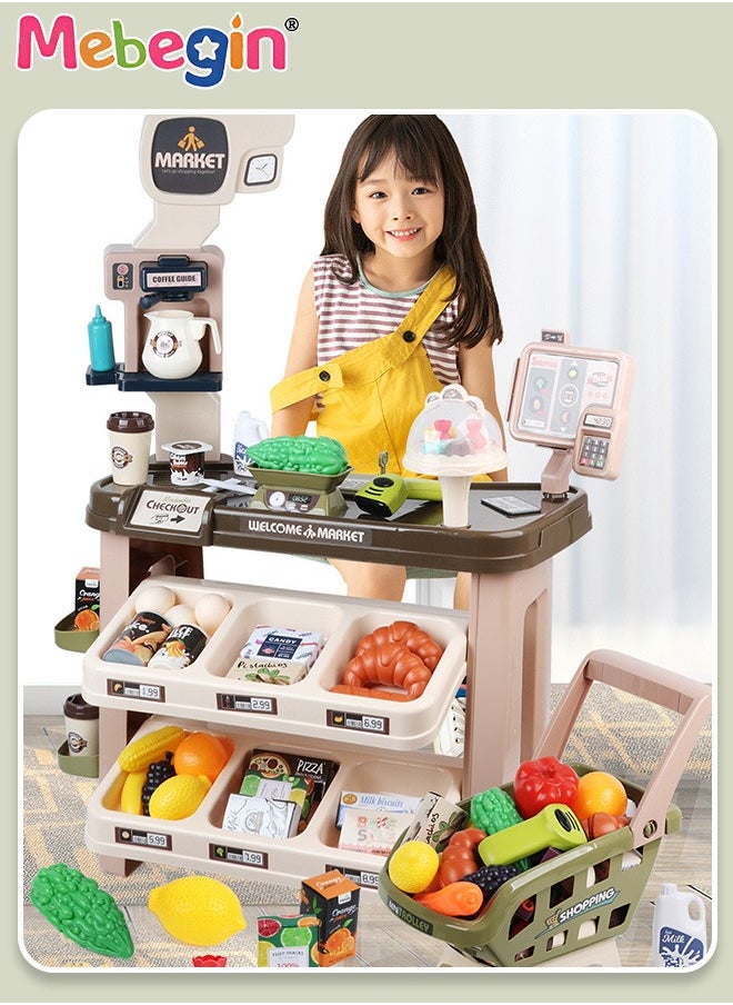 64Pcs Supermarket Playset with Trolley, Simulation Scanner Register, Shopping Cart and Other Rich Accessaries, Grocery Store Playset, Pretend Play Cash Register Toy Set with Music and Light, Creativ