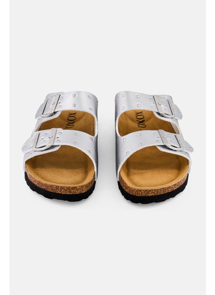 Women Slip On Sandals, Silver