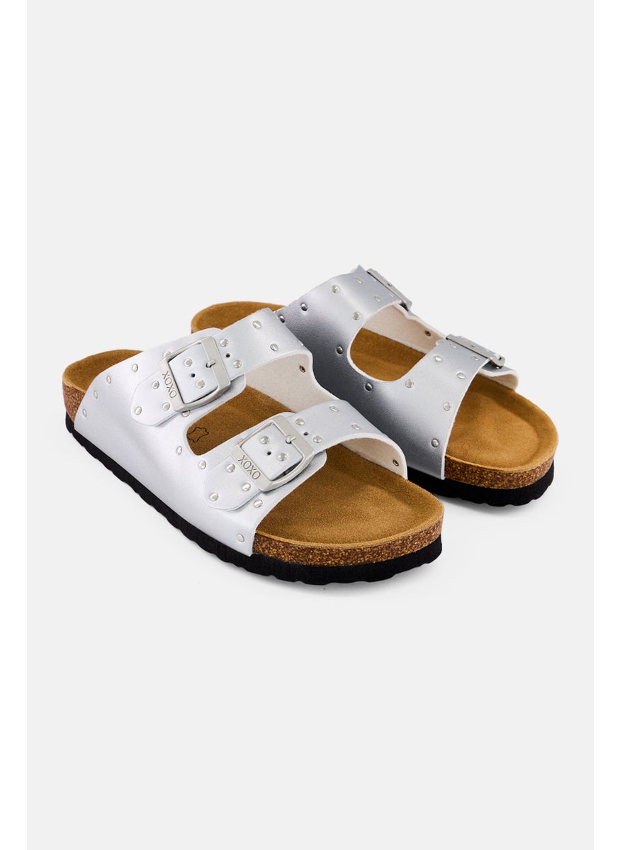 Women Slip On Sandals, Silver
