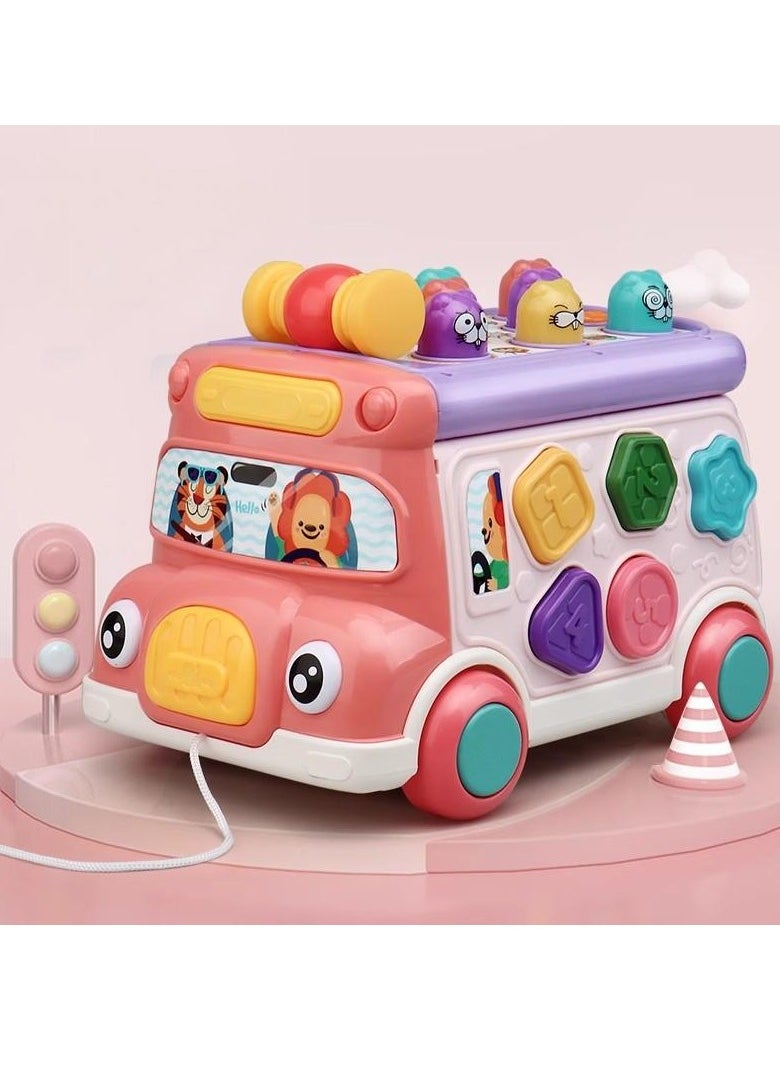 Toddler Percussion Toys Children's Multifunctional Smart Bus Toy Car Hexahedron Puzzle Tractor Bus Whack-a-Mole Spin Educational Toys Birthday gifts for boys and girls