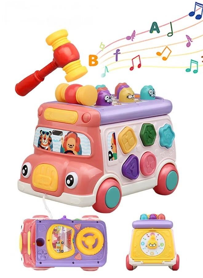 Toddler Percussion Toys Children's Multifunctional Smart Bus Toy Car Hexahedron Puzzle Tractor Bus Whack-a-Mole Spin Educational Toys Birthday gifts for boys and girls
