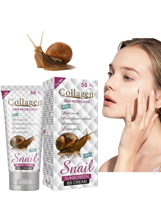 Collagen Deep Protection Sunscreen BB Cream-Whitening Concealer Full Coverage BB Cream,Long Lasting Waterproof Oil Control Anti UVA Natural Foundation Makeup for Women