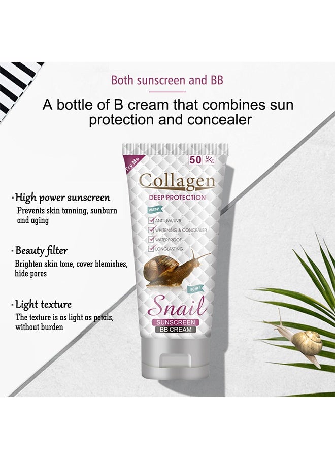 Collagen Deep Protection Sunscreen BB Cream-Whitening Concealer Full Coverage BB Cream,Long Lasting Waterproof Oil Control Anti UVA Natural Foundation Makeup for Women