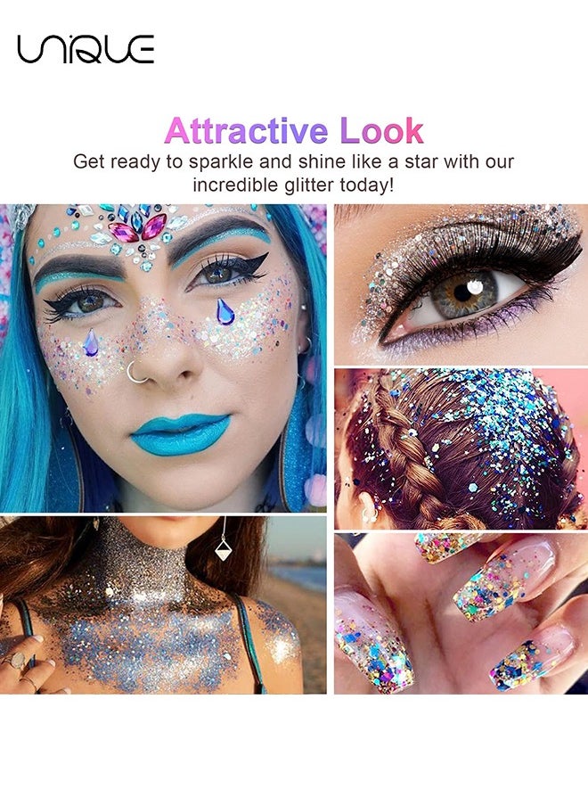 Body Glitter Gel, 2 Pcs Glitter Sequins Chunky Glitter Liquid Eyeshadow Long Lasting Glitter Shimmer Chunky Sequins Glitters for Hair Makeup Festival Party Carnival(Blue+Pink)