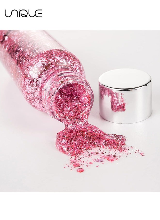 Body Glitter Gel, 2 Pcs Glitter Sequins Chunky Glitter Liquid Eyeshadow Long Lasting Glitter Shimmer Chunky Sequins Glitters for Hair Makeup Festival Party Carnival(Blue+Pink)
