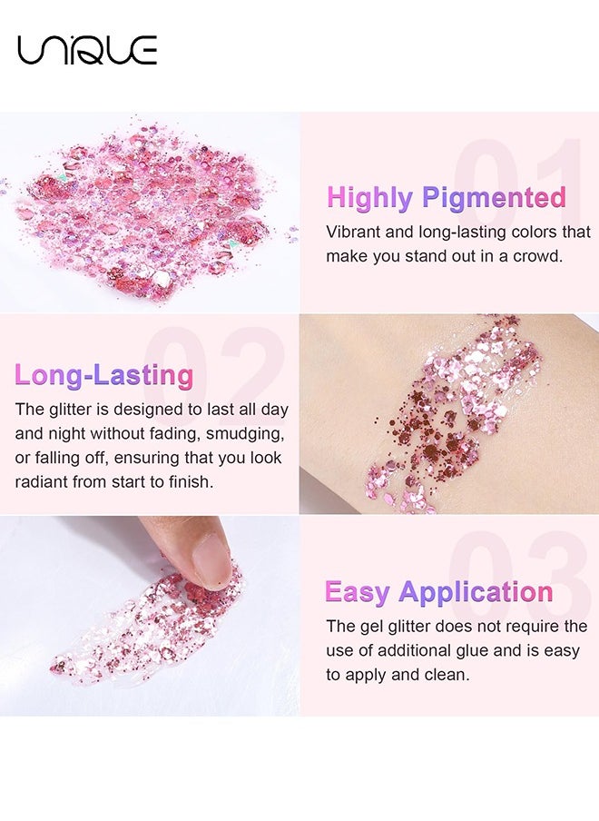 Body Glitter Gel, 2 Pcs Glitter Sequins Chunky Glitter Liquid Eyeshadow Long Lasting Glitter Shimmer Chunky Sequins Glitters for Hair Makeup Festival Party Carnival(Blue+Pink)