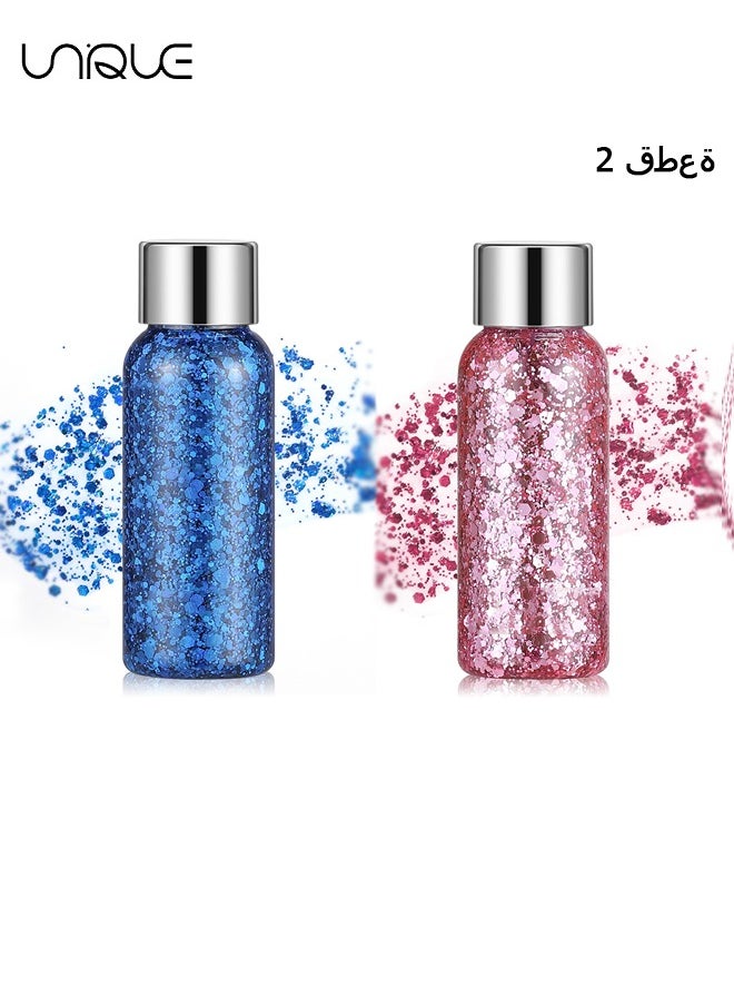 Body Glitter Gel, 2 Pcs Glitter Sequins Chunky Glitter Liquid Eyeshadow Long Lasting Glitter Shimmer Chunky Sequins Glitters for Hair Makeup Festival Party Carnival(Blue+Pink)