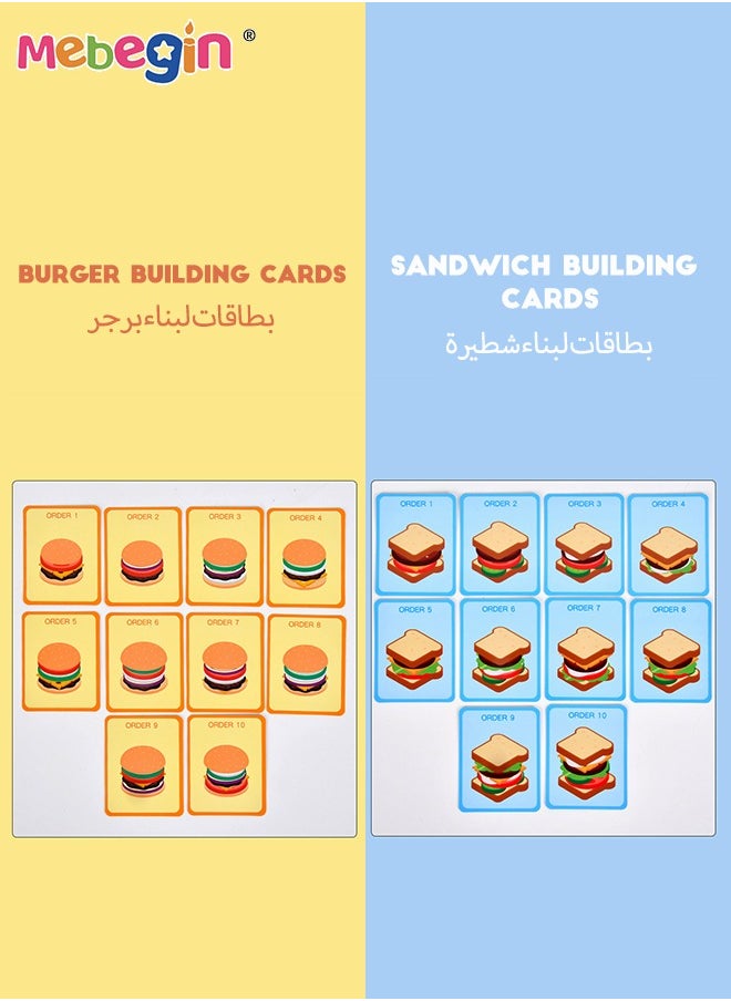 Wooden Sandwich and Hamburger Making Set, Hamburgers and Sandwiches Building Blocks, Kitchen Play House Games， Colorful Creative Kitchen Toy, Imagination- and Creativity-sparking Toys, Ideal Gift fo