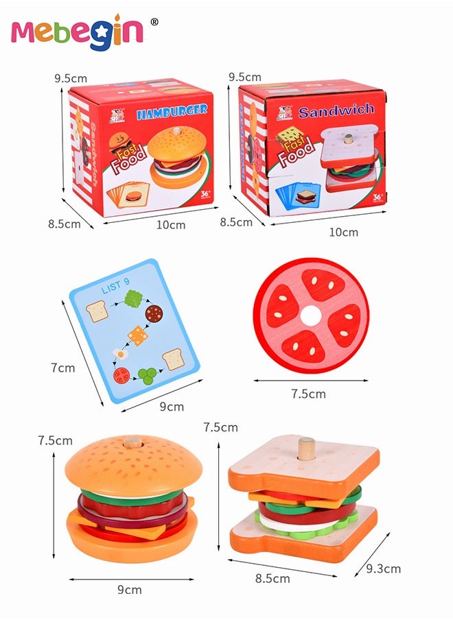 Wooden Sandwich and Hamburger Making Set, Hamburgers and Sandwiches Building Blocks, Kitchen Play House Games， Colorful Creative Kitchen Toy, Imagination- and Creativity-sparking Toys, Ideal Gift fo